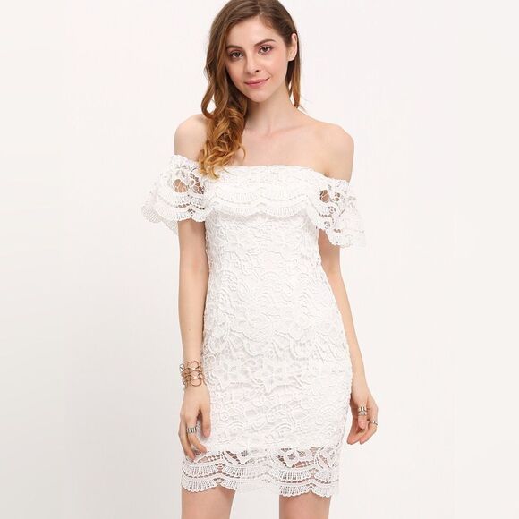 ✨White Straight Across Lace Ruffle Bodycon Dress✨ - Picture 1 of 5